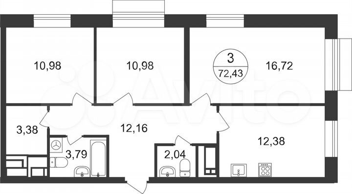 3-к. квартира, 72,4 м², 8/22 эт.