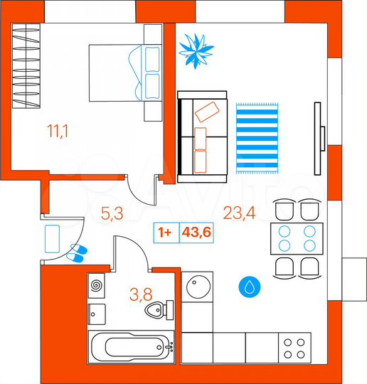 1-к. квартира, 43,6 м², 15/21 эт.