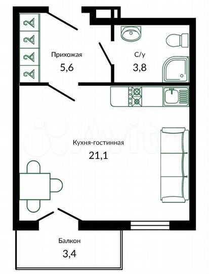 1-к. квартира, 31,5 м², 6/12 эт.