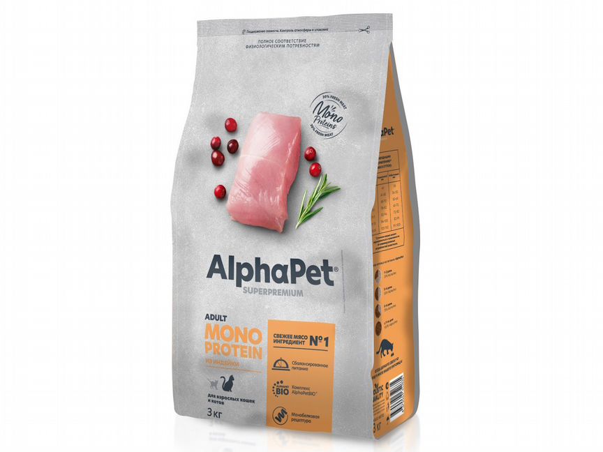 Корм AlphaPet Monoprotein для кошек, индейка 3кг