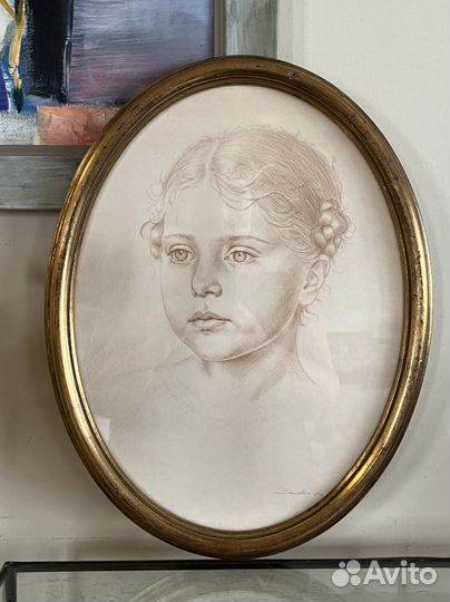 Рисунок антикварный в раме дерево, кувшин гигант