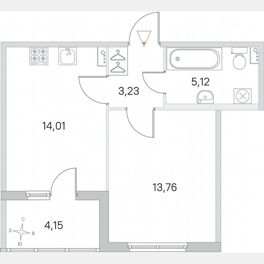 1-к. квартира, 38,2 м², 1/4 эт.