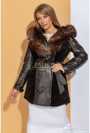 Пуховик-дубленка из кожи и астрагана