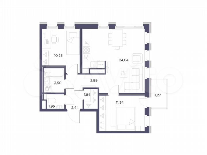 2-к. квартира, 59,2 м², 6/10 эт.