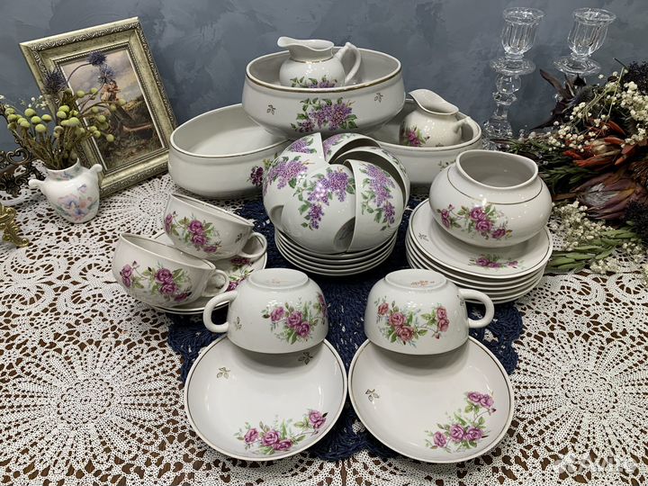 Чайные пары, сливочник, тарелки Дулево