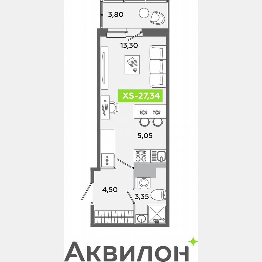 Квартира-студия, 27,3 м², 8/12 эт.