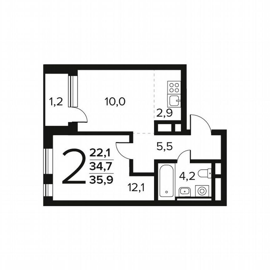 2-к. квартира, 35,9 м², 2/12 эт.