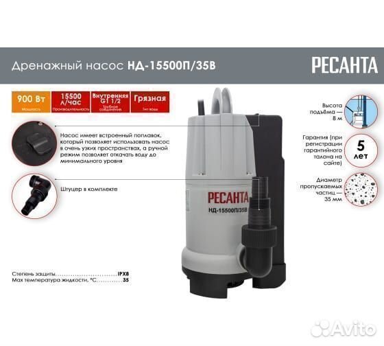 Дренажный насос Ресанта нд-15500П/35B