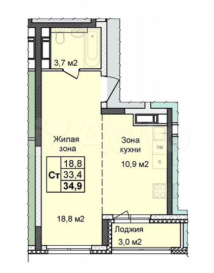 Квартира-студия, 34,9 м², 25/25 эт.