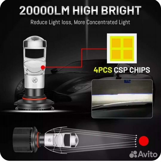 LED лампы линзованные H11 новые, 6000К, 20000lm