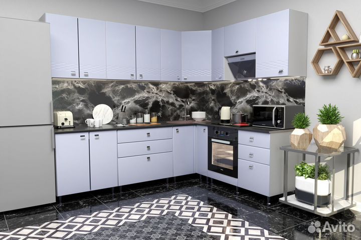 Кухня угловая мдф Узор Белый глянец 2,4*1,9 м