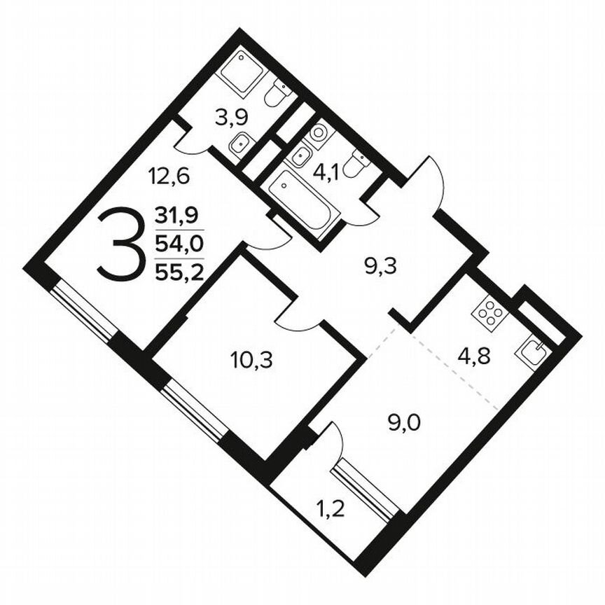 3-к. квартира, 55,2 м², 4/12 эт.