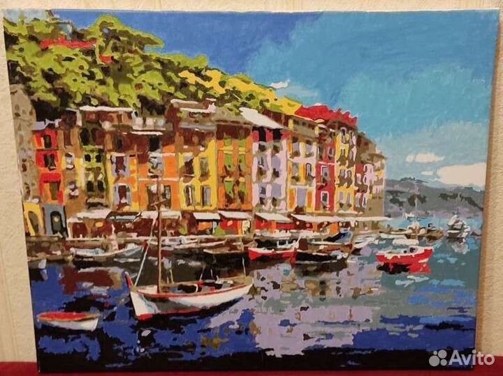 Картина акварелью Городок на море