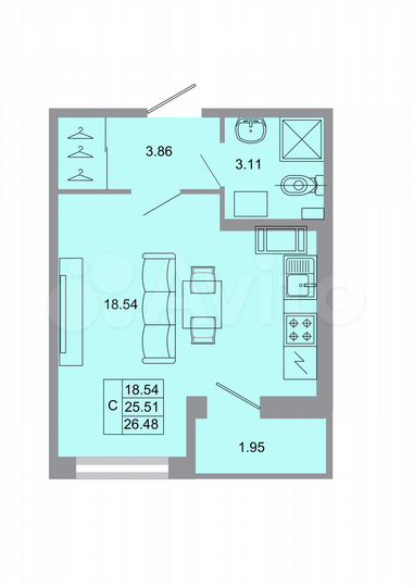Квартира-студия, 26,5 м², 16/20 эт.