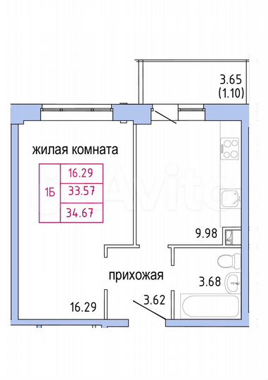 1-к. квартира, 34,7 м², 2/9 эт.