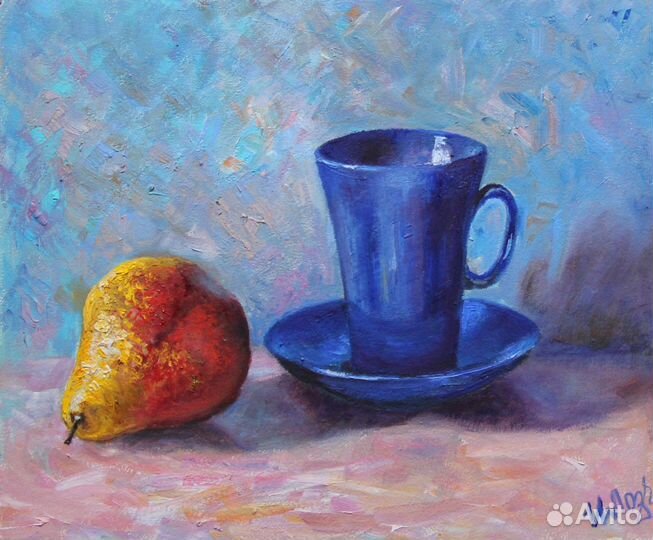 Картина маслом Натюрморт Синяя кружка и груша