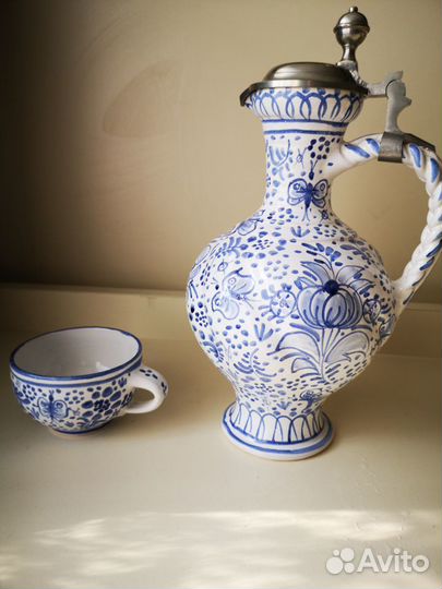 Кувшин И Чашка Керамическая Синяя Живопись