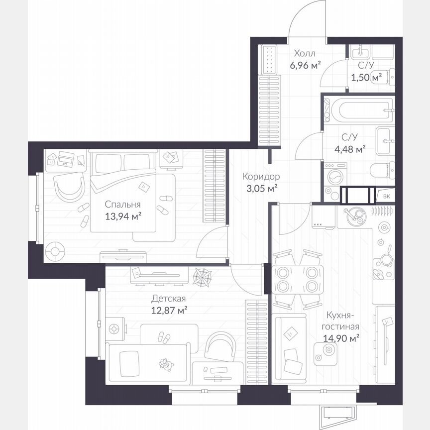 2-к. квартира, 57,7 м², 2/11 эт.