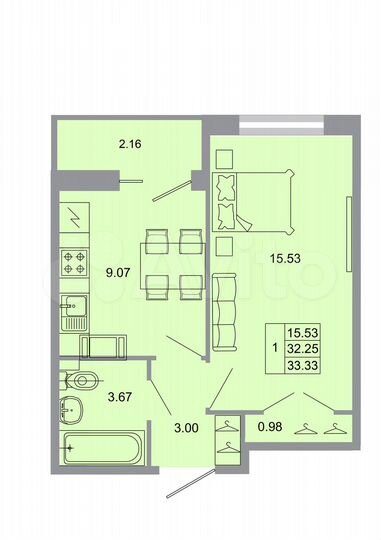 1-к. квартира, 33,3 м², 9/20 эт.