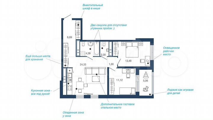 2-к. квартира, 70,9 м², 7/22 эт.