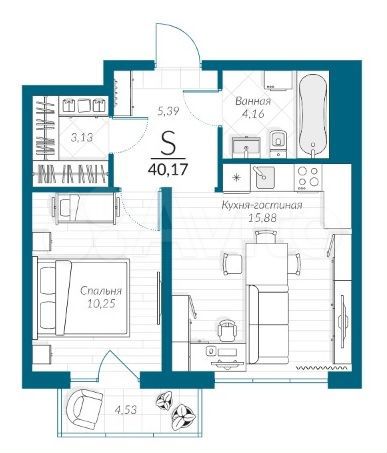 1-к. квартира, 40,2 м², 7/18 эт.