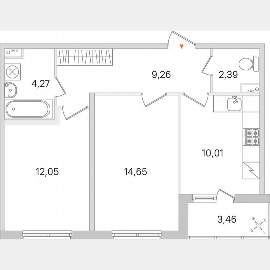 2-к. квартира, 54,4 м², 1/8 эт.