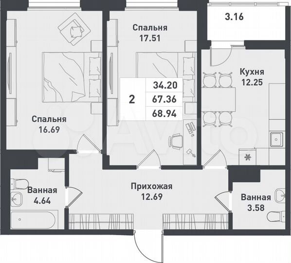2-к. квартира, 70,3 м², 9/12 эт.