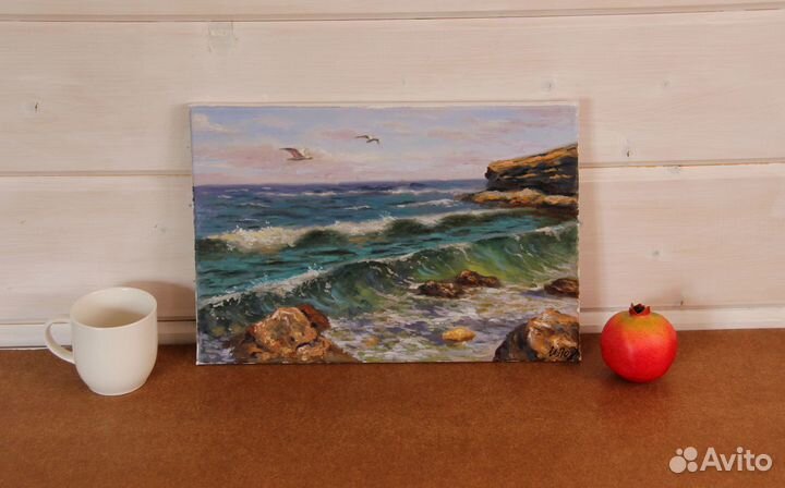 Картина маслом на холсте пейзаж Прозрачная волна