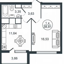 1-к. квартира, 38,8 м², 2/16 эт.