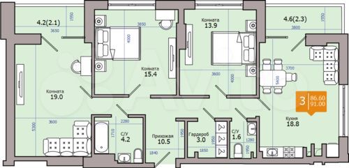 3-к. квартира, 91 м², 8/18 эт.