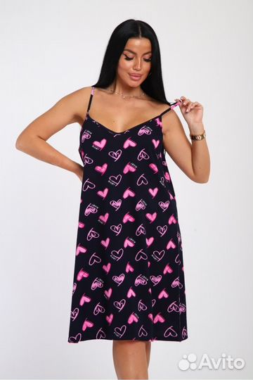 Сорочка женская черная, сердечки, на тонких бретел