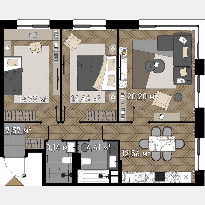 3-к. апартаменты, 78,7 м², 15/23 эт.