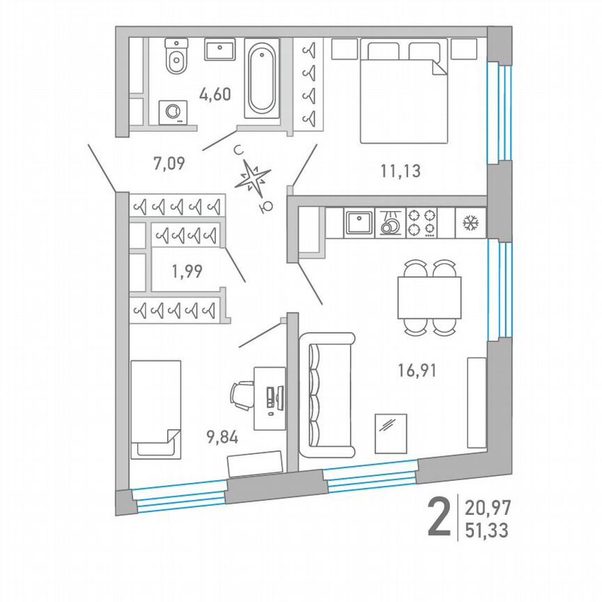 2-к. квартира, 51,3 м², 5/10 эт.
