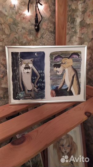 Акварель в рамке А4. Кот и Пёс