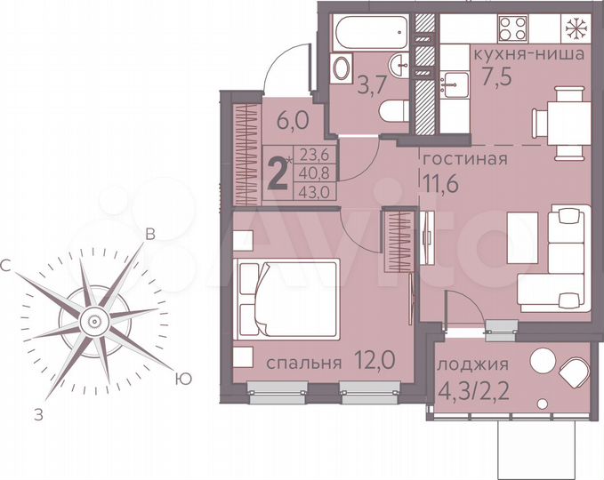 2-к. квартира, 43 м², 2/22 эт.