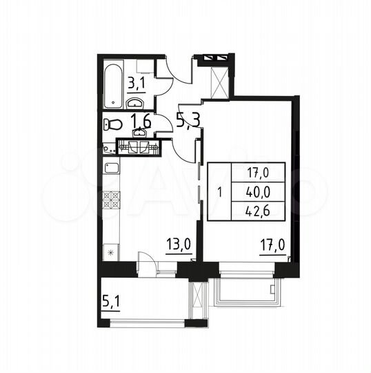 1-к. квартира, 42,6 м², 1/12 эт.