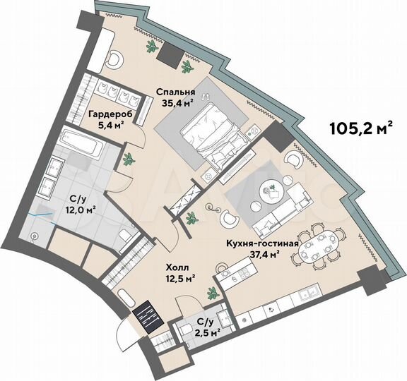 2-к. квартира, 105,2 м², 32/52 эт.