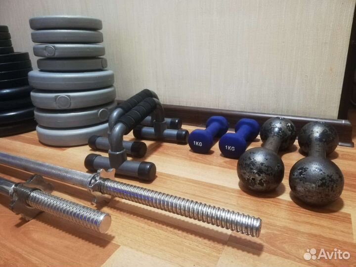 Гриф, блины, гантели, скамья