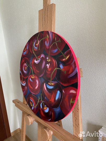 Черешня, картина маслом, диаметр 50 см