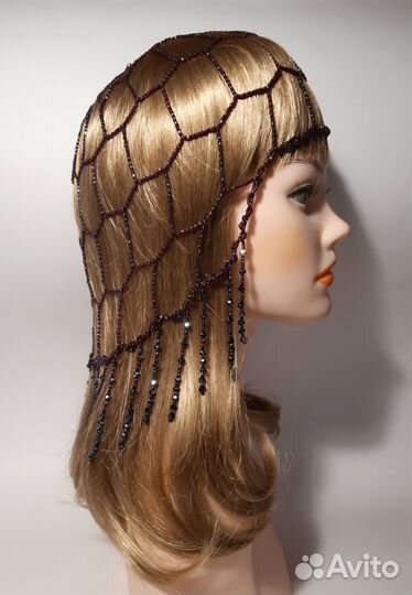 Шапка сетка из бисера с подвесками. Новая