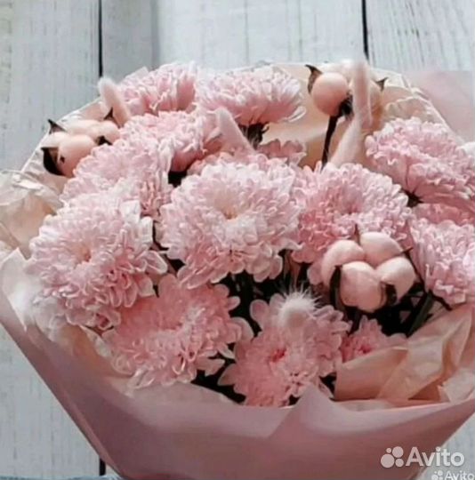 Букет Хризантем с хлопком и лагурусом Доставка