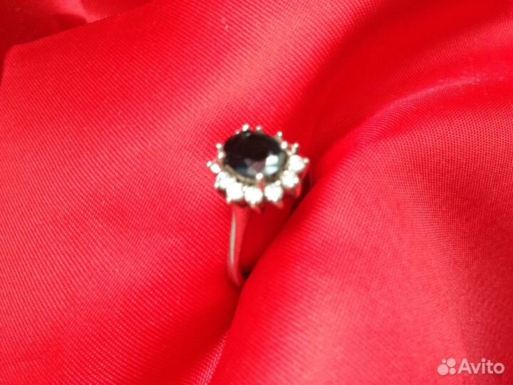 Кольцо, пуссеты(серьги гвоздики) серебро сапфир