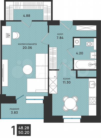 1-к. квартира, 50,2 м², 7/15 эт.