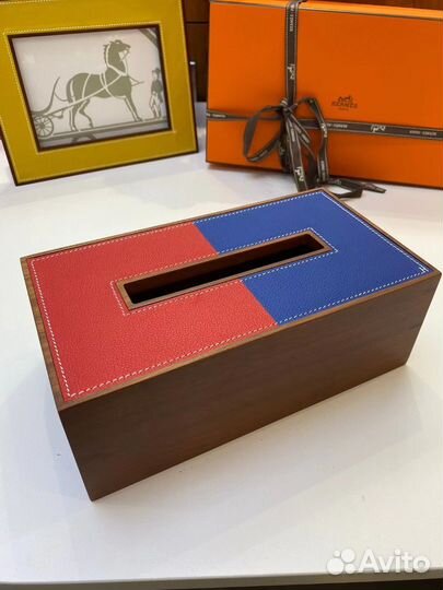 Салфетница Hermes деревянная кожа красная
