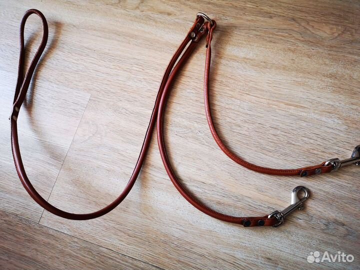 Поводок кожаный на 2х собак