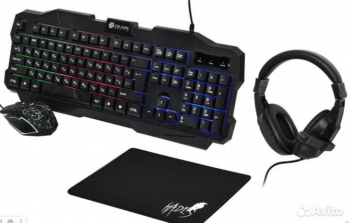 Комплект клавиатура+мышь+гарнитура+коврик oklick