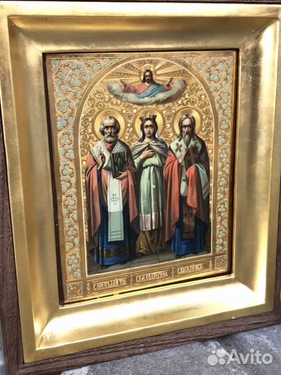 Икона Святой Николай, Екатерина и Василий.Живопись