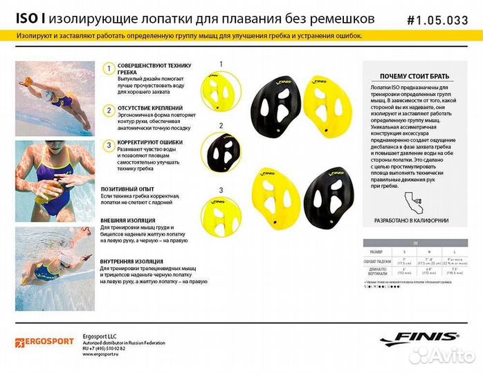 Лопатки для плавания Finis ISO,Madwave Ergo