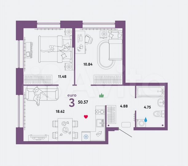 2-к. квартира, 50,6 м², 9/13 эт.