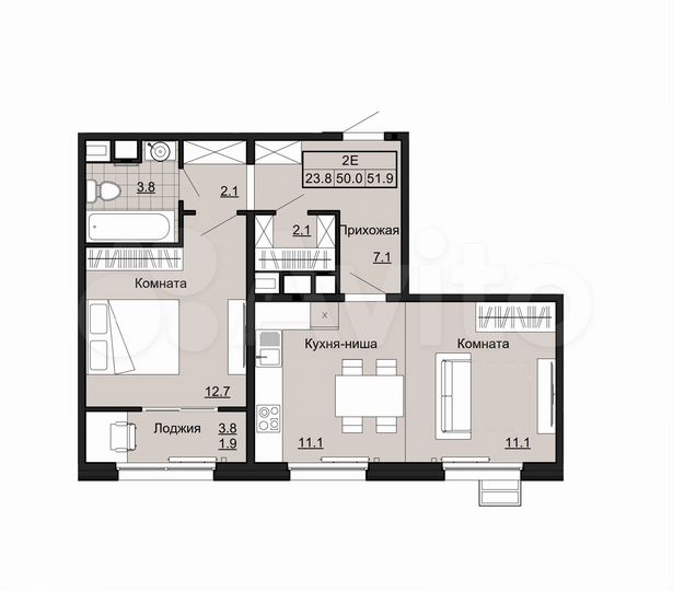 2-к. квартира, 51,9 м², 11/12 эт.